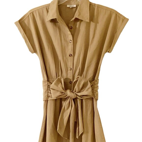 100% Cotton Button Up Dress Size M Safari Style Shirt Style Belted At The Waist - Picture 2 of 5